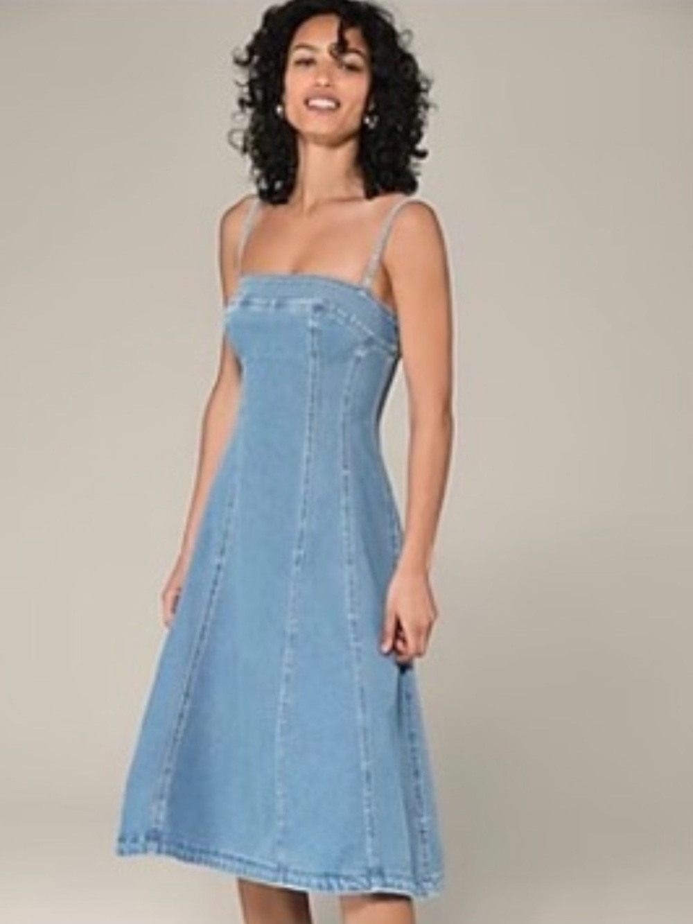 Express square neck fit and flare denim dress